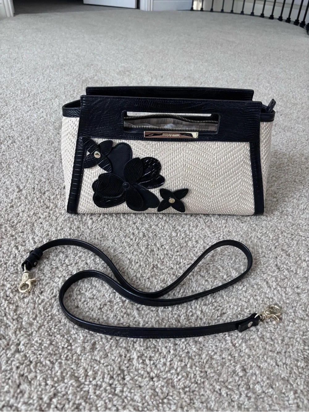 Brahmin Raffia Lenox Clutch Bag with Black 3D Floral
